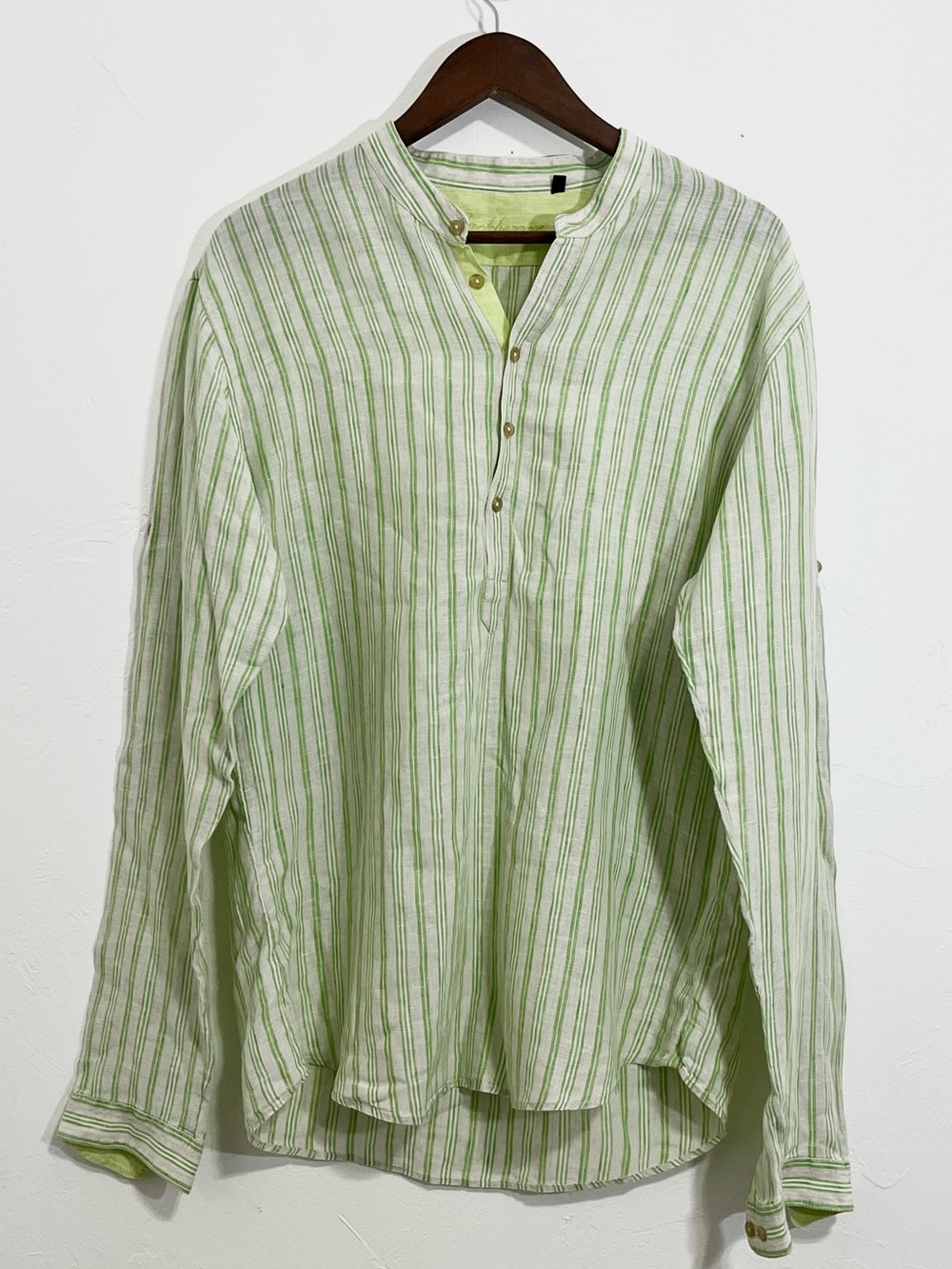 Blackberrys Men’s Lime Green Striped Linen Popover Shirt Mandarin Collar XXL